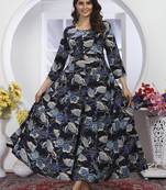 Black colour printed with hand work rayon fabric partywear festive long kurti with dupatta