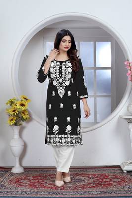 Girlish black colour chikankari embroidery work rayon fabric kurta set for decent formal casual looks 1