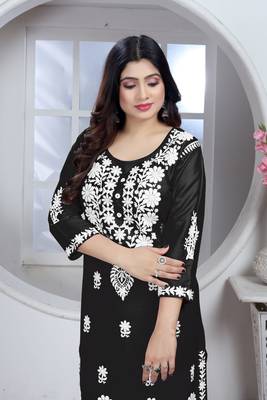 Girlish black colour chikankari embroidery work rayon fabric kurta set for decent formal casual looks 3