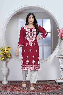 Girlish maroon colour chikankari embroidery work rayon fabric kurta set for decent formal casual looks 1