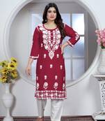 Girlish maroon colour chikankari embroidery work rayon fabric kurta set for decent formal casual looks