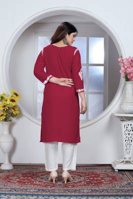 Girlish maroon colour chikankari embroidery work rayon fabric kurta set for decent formal casual looks 2