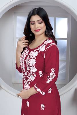 Girlish maroon colour chikankari embroidery work rayon fabric kurta set for decent formal casual looks 3