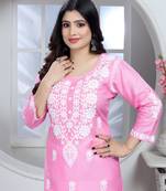 Girlish pink colour chikankari embroidery work rayon fabric kurta set for decent formal casual looks