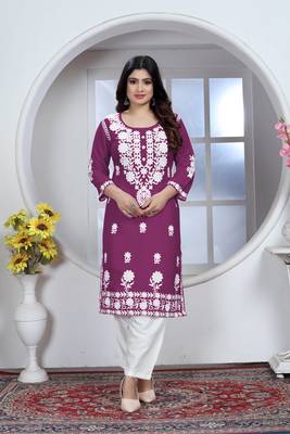 Girlish wine colour chikankari embroidery work rayon fabric kurta set for decent formal casual looks 1
