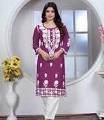 Girlish wine colour chikankari embroidery work rayon fabric kurta set for decent formal casual looks
