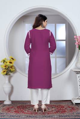 Girlish wine colour chikankari embroidery work rayon fabric kurta set for decent formal casual looks 2