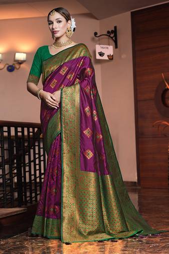 Wine woven design banarasi art silk zari work saree