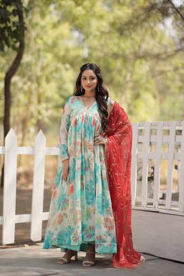 Beautiful sky blue colour russian silk gown with dupatta for graceful partywear glamorous looks 1