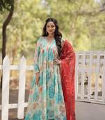 Beautiful sky blue colour russian silk gown with dupatta for graceful partywear glamorous looks