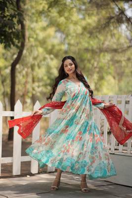 Beautiful sky blue colour russian silk gown with dupatta for graceful partywear glamorous looks 2