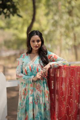 Beautiful sky blue colour russian silk gown with dupatta for graceful partywear glamorous looks 3