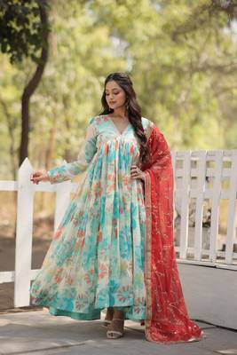 Beautiful sky blue colour russian silk gown with dupatta for graceful partywear glamorous looks 4