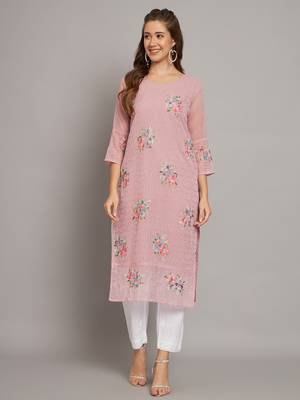 Pink colour floral resham embroidered ethnic partywear kurti 1
