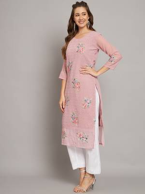 Pink colour floral resham embroidered ethnic partywear kurti 3