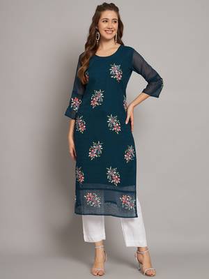 Teal blue colour floral resham embroidered ethnic partywear kurti 1
