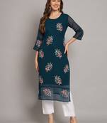 Teal blue colour floral resham embroidered ethnic partywear kurti