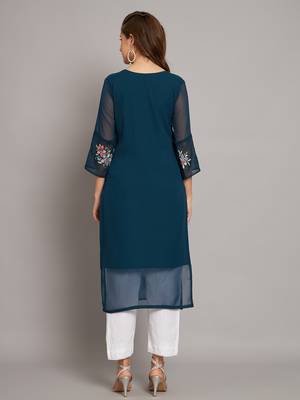 Teal blue colour floral resham embroidered ethnic partywear kurti 2