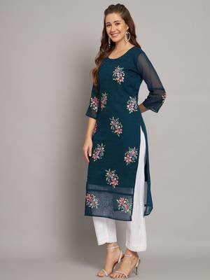 Teal blue colour floral resham embroidered ethnic partywear kurti 3