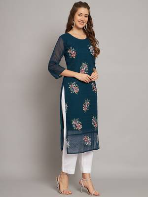 Teal blue colour floral resham embroidered ethnic partywear kurti 4