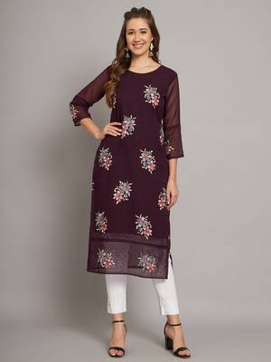 Wine colour floral resham embroidered ethnic partywear kurti 1