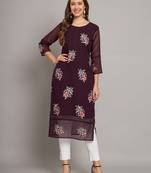 Wine colour floral resham embroidered ethnic partywear kurti