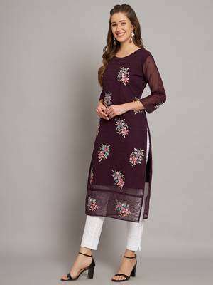 Wine colour floral resham embroidered ethnic partywear kurti 3