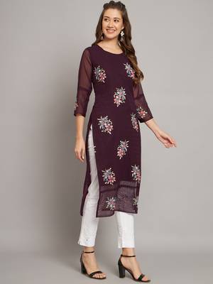 Wine colour floral resham embroidered ethnic partywear kurti 4