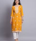 Chikankari embroidery work ethnic floral embroidery rayon fabric yellow colour trendy kurti