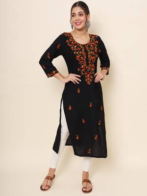 Black colour rayon fabric beautiful resham embroidery work partywear festive kurti 1