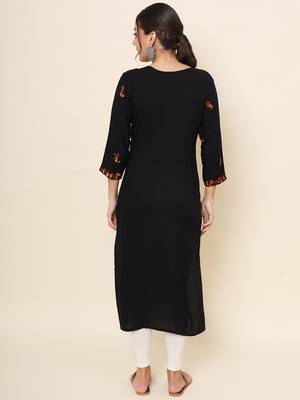 Black colour rayon fabric beautiful resham embroidery work partywear festive kurti 2