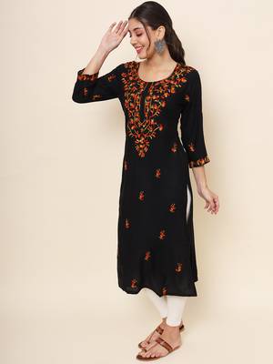 Black colour rayon fabric beautiful resham embroidery work partywear festive kurti 3