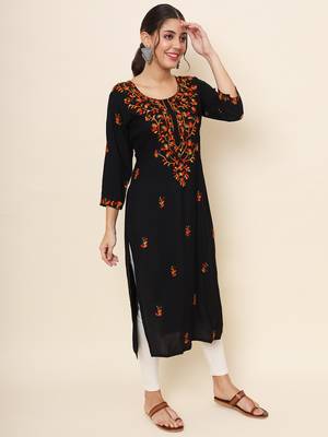 Black colour rayon fabric beautiful resham embroidery work partywear festive kurti 4