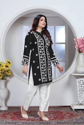 Beautiful designer chikankari embroidery work black colour rayon fabric formal wear festive kurti for girls 1