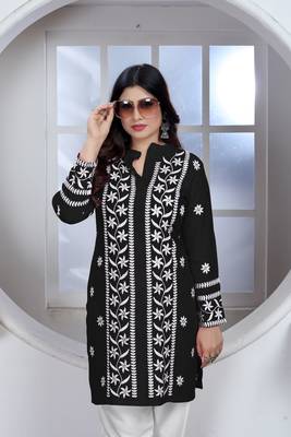 Beautiful designer chikankari embroidery work black colour rayon fabric formal wear festive kurti for girls 5