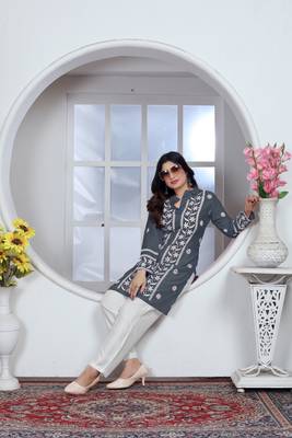 Beautiful designer chikankari embroidery work grey colour rayon fabric formal wear festive kurti for girls 3