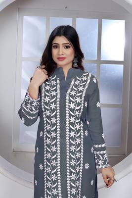Beautiful designer chikankari embroidery work grey colour rayon fabric formal wear festive kurti for girls 4