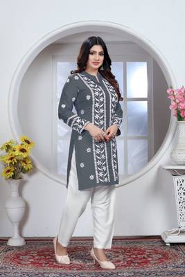 Beautiful designer chikankari embroidery work grey colour rayon fabric formal wear festive kurti for girls 1
