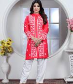Beautiful designer chikankari embroidery work red colour rayon fabric formal wear festive kurti for girls