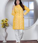 Beautiful designer chikankari embroidery work yellow colour rayon fabric formal wear festive kurti for girls