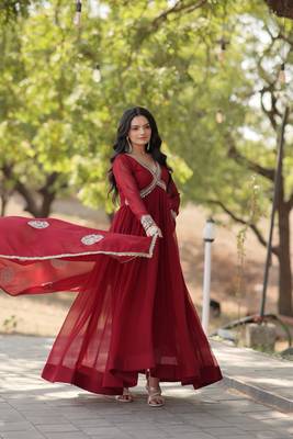 Maroon colour georgette fabric heavy zari and sequins work evening party gown with dupatta for trendy looks 4