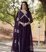 Purple colour georgette fabric heavy zari and sequins work evening party gown with dupatta for trendy looks