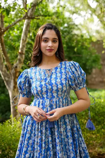 Beautiful blue colour girlish kurti with smart floral printed trendy cool looks