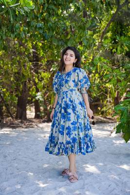 Beautiful blue colour girlish kurti with smart floral printed trendy cool looks 1