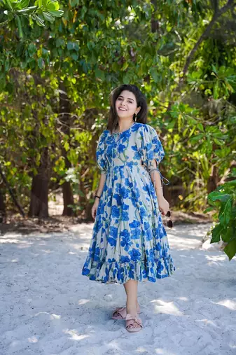 Beautiful blue colour designer girlish kurti with smart floral printed trendy cool looks