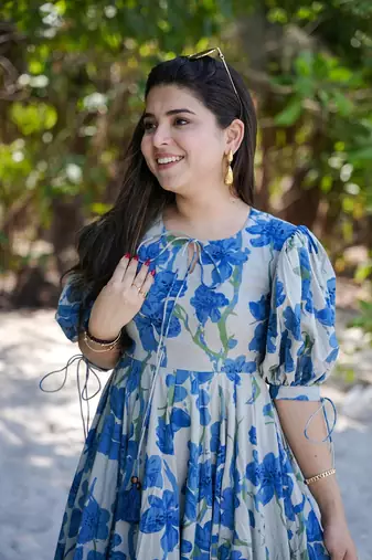 Beautiful blue colour girlish kurti with smart floral printed trendy cool looks