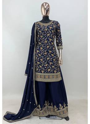 Blue chinon embroidery with sequince work salwar kameez stitched 3