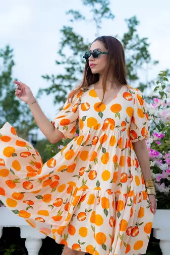 Beautiful off white colour girlish kurti with smart fruits printed trendy cool looks