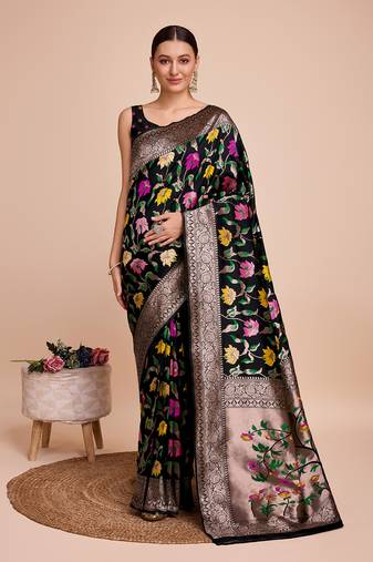 Black Paithani Silk Weaving Meenakari Designer Graceful Traditional Girlish Indian Rich Saree