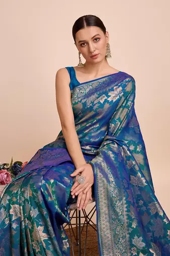 Firozi Weaving Copper zari Handloom silk blend Ethnic Ceremonial Saree Rich Looks